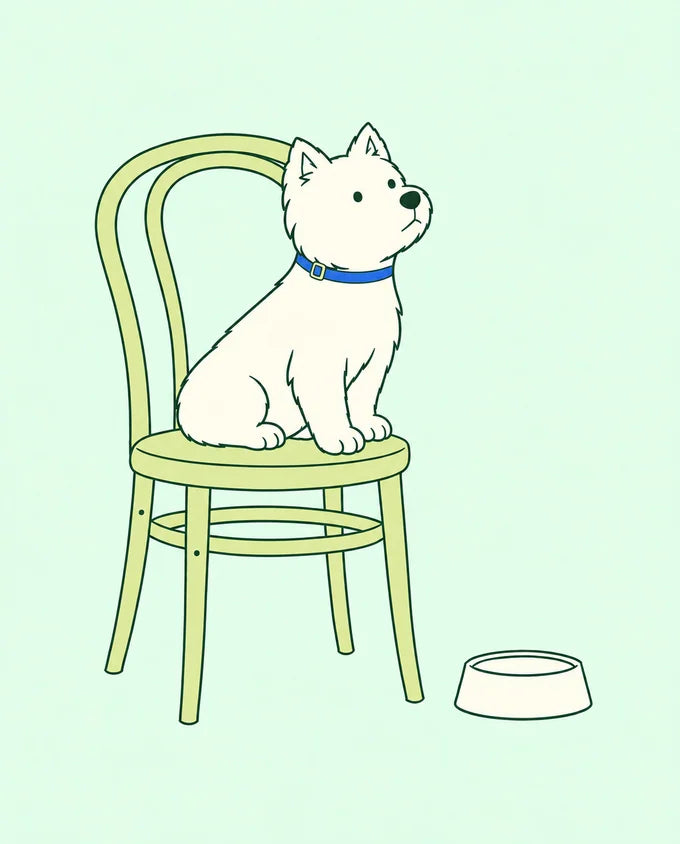 A Westie in a blue collar waits on a dining chair.