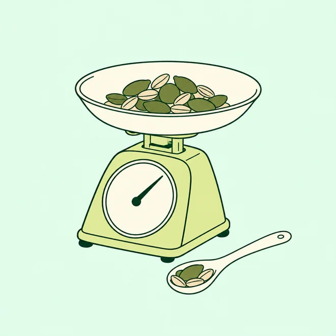 Seeds measured on a pale green kitchen scale.
