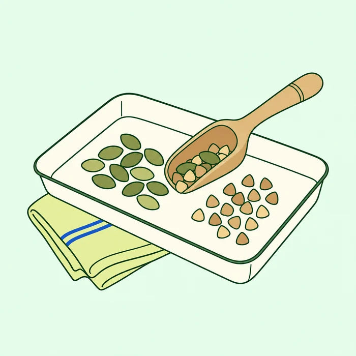 Seeds and a wooden scoop on a preparation tray.